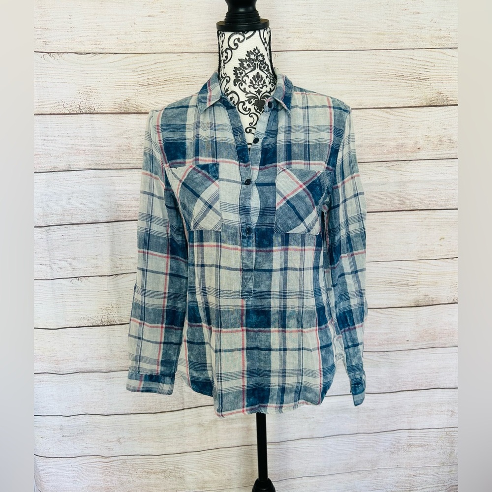 Kenneth Cole Reaction Women’s Blue Muslin Plaid Long Sleeve Popover Shirt S NWT